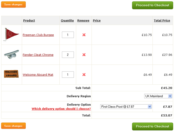 An example of a sheridanmarine.com shopping basket.