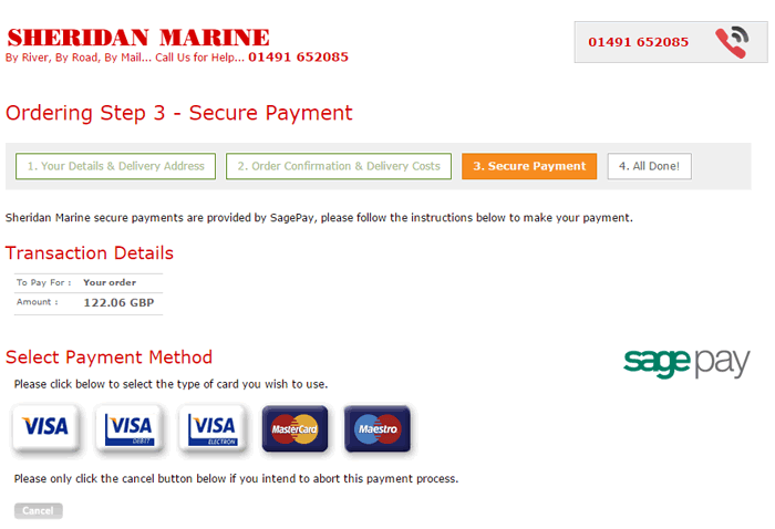 An example of the sheridanmarine.com payment page.
